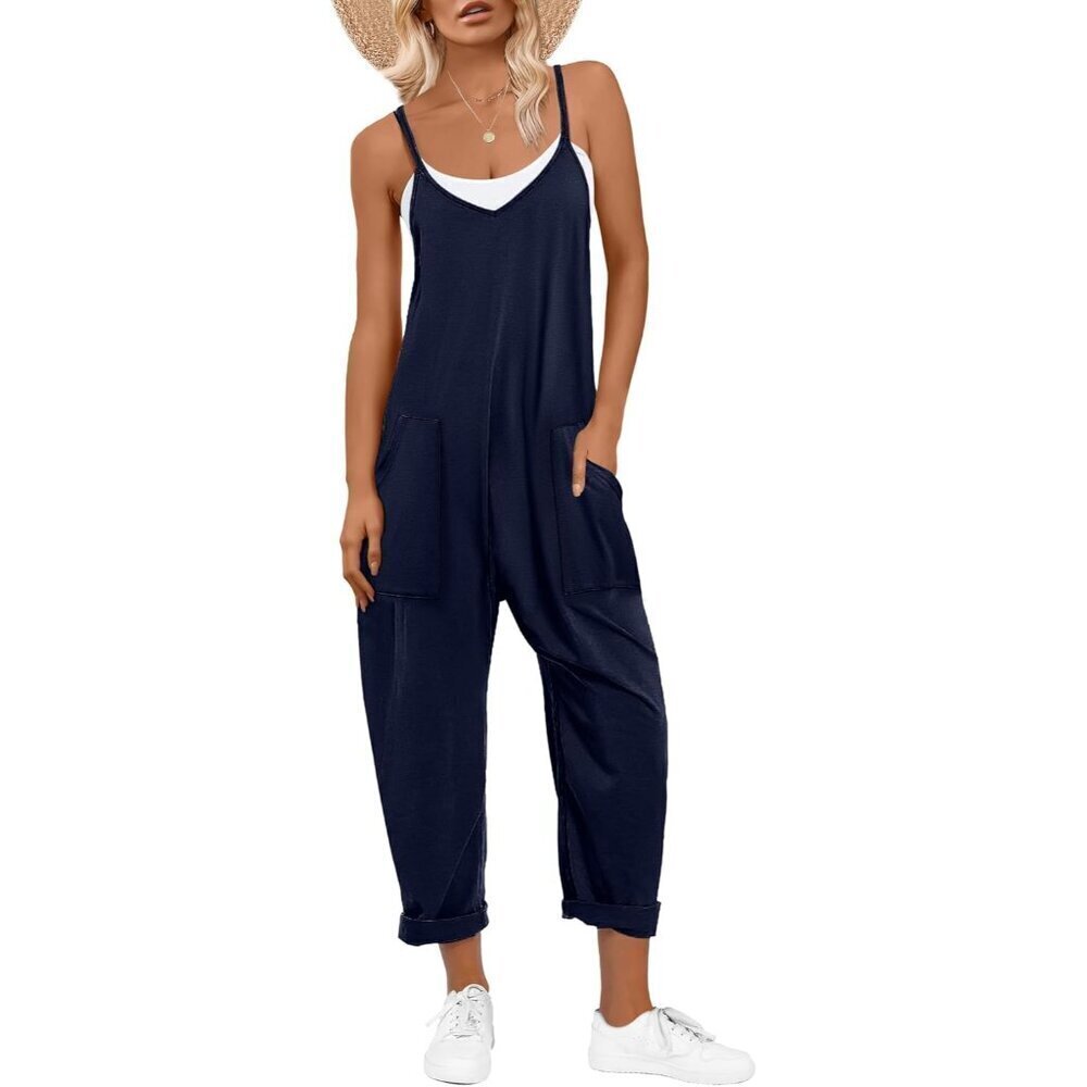 Women Navy Blue Casual Summer Overalls Sleeveless Spaghetti Strap Romper Jumper